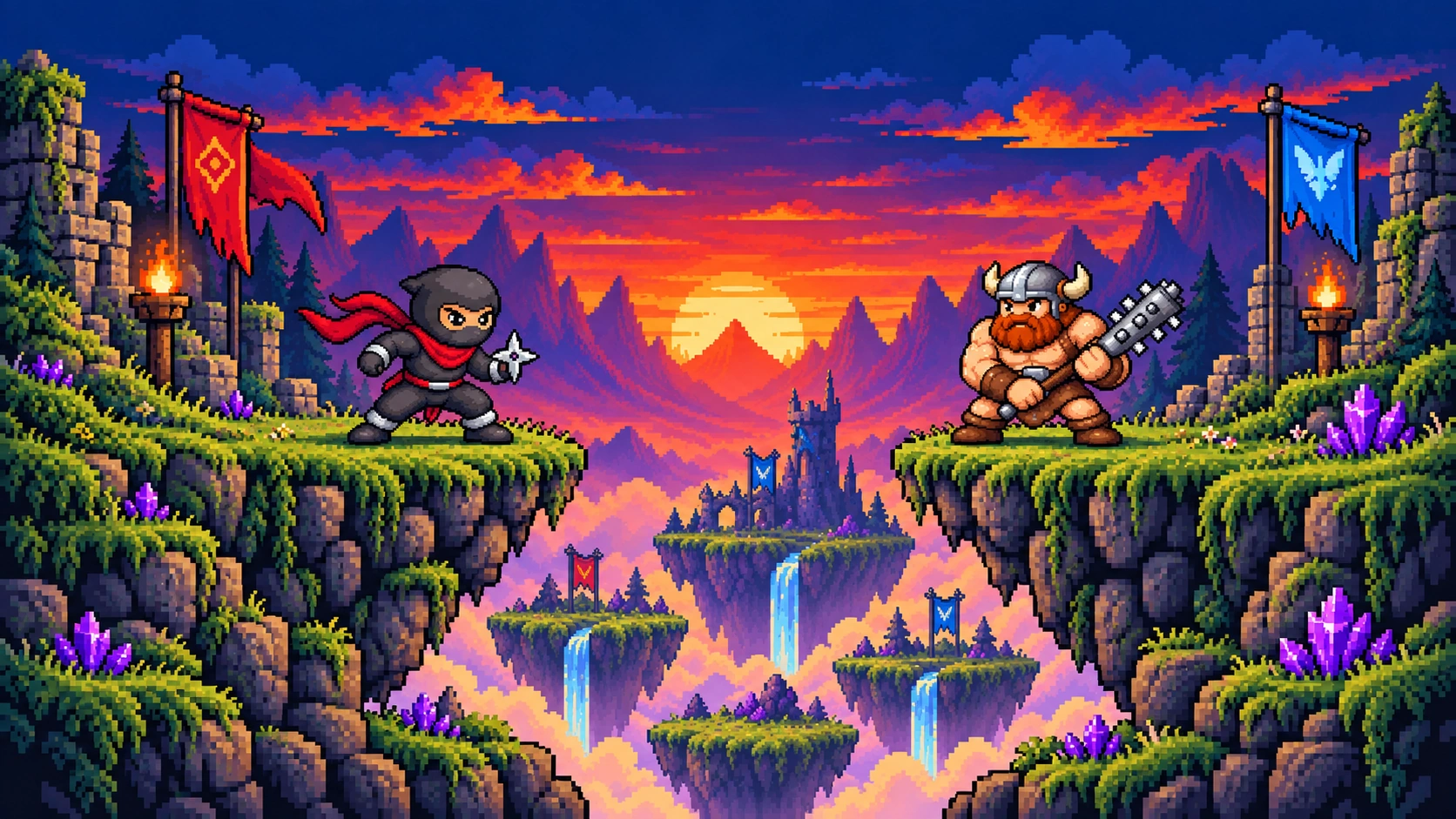Ninja and Thorg face off on floating arena islands at sunset